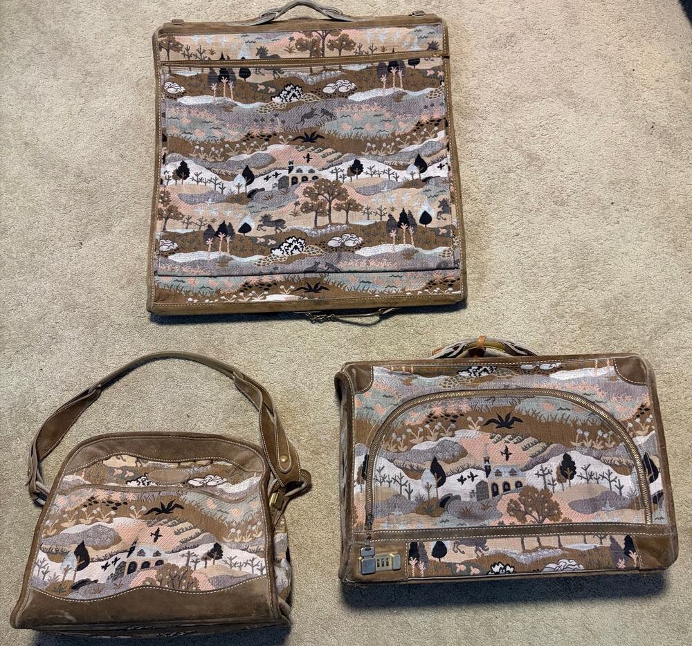 Rare French Company Suede Countryside Tapestry Three piece Luggage Set Vintage